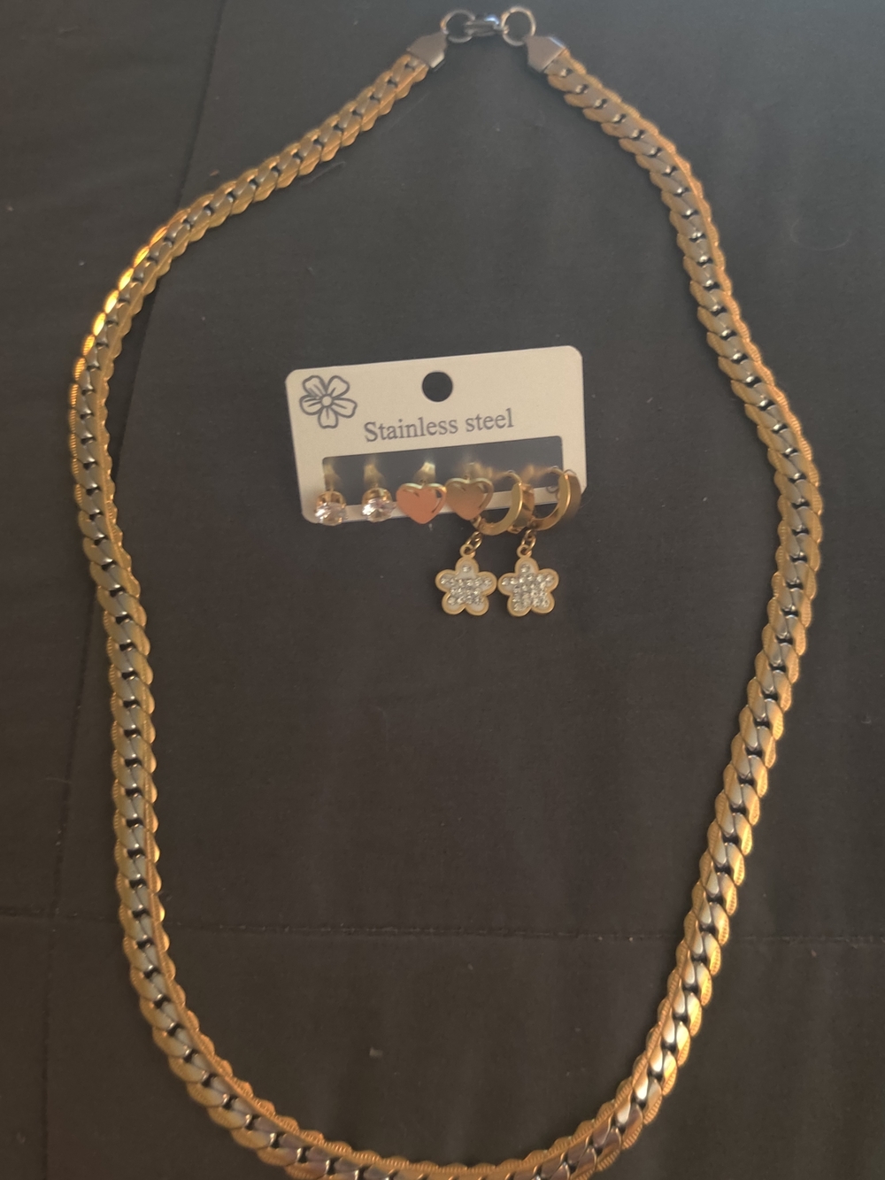 Stainless Steel Gold-Tone With Silver Necklace and Earring Set